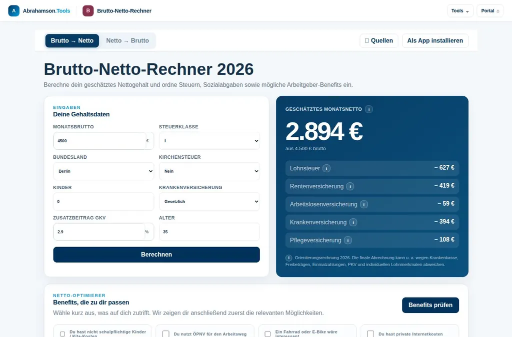 Original-Oberfläche: Brutto-Netto-Rechner