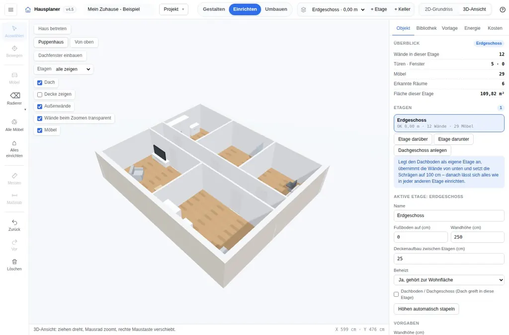 Original-Oberfläche des Hausplaners mit einem eingerichteten 3D-Beispiel